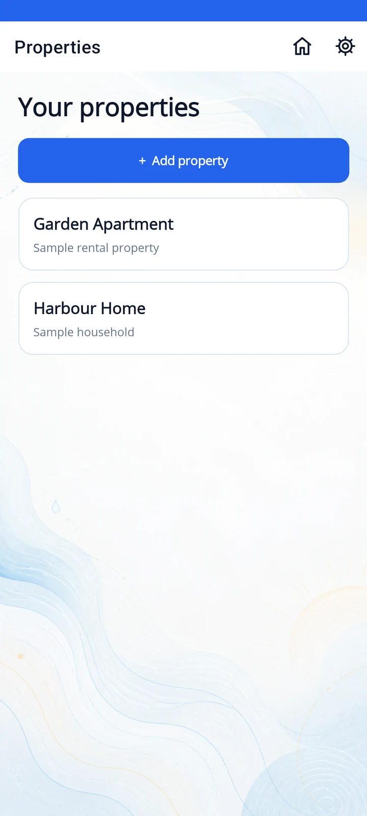 Properties screen with sample Harbour Home and Garden Apartment records