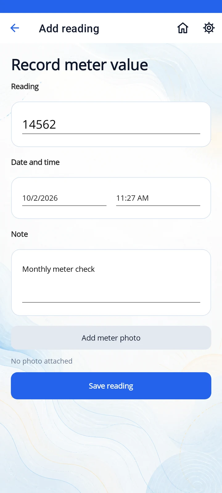 New meter reading form with sample value and monthly meter check note