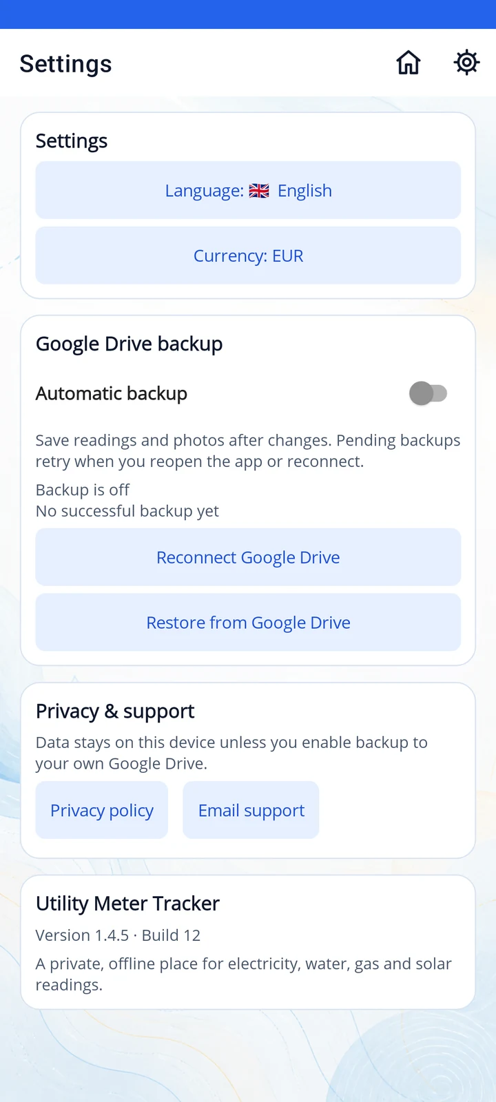 Version 1.4.5 settings with language, currency, optional Google Drive backup and support